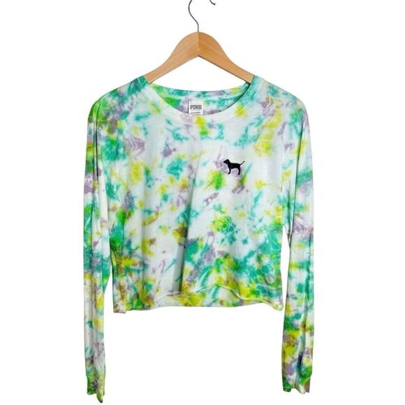 PINK Long Sleeve Shirt Size Small Cropped Crewneck Tie Dye Pullover - Picture 1 of 5
